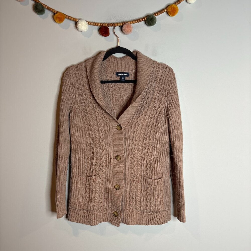 Lands' End tan speckled cable knit fisherman cardigan sweater